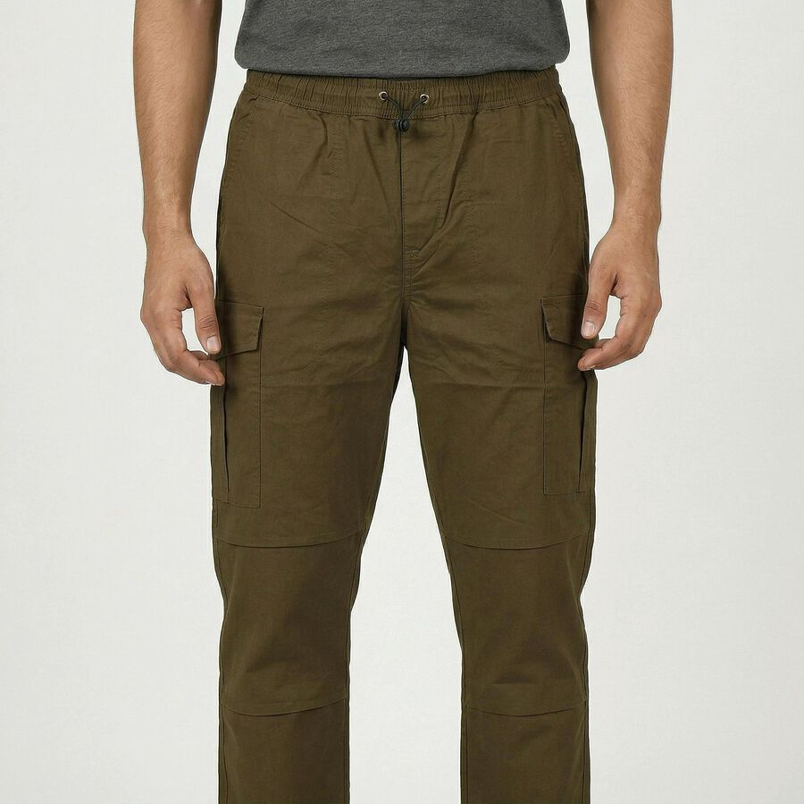 Men's Olive Green Slim Fit Casual Trousers, Olive, large
