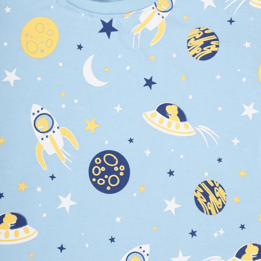 Boys' Light Blue Cotton Round Neck Printed Baba Suit, Light Blue, large image number null