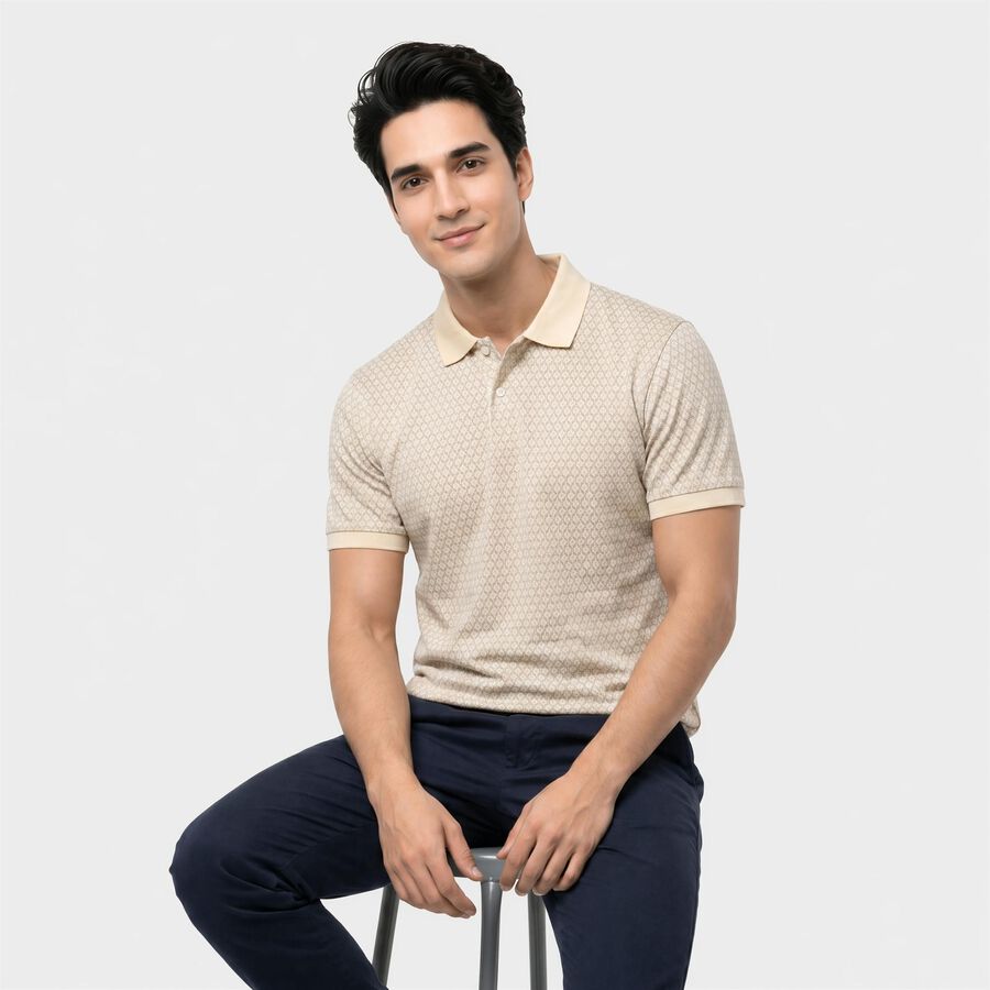 Men's Ecru Melange Cotton Polo Neck Geometric Polo T-Shirt, एक्रू मिश्रित, large