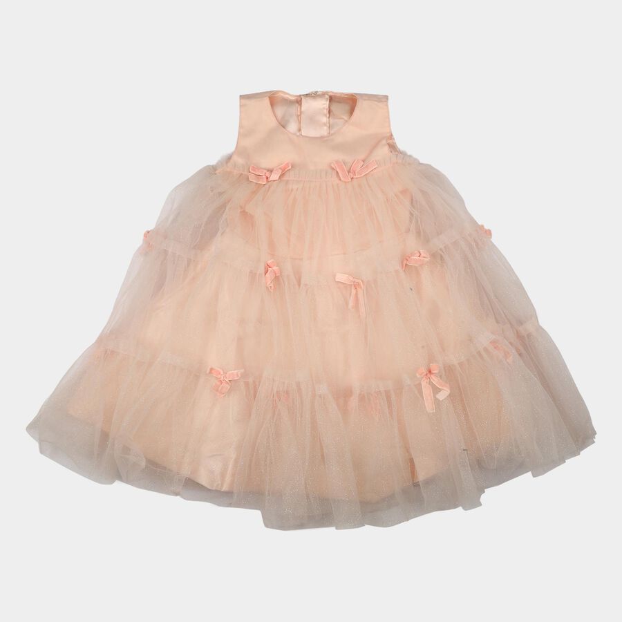Girls' Pink Sleeveless Tiered Bow Detail Frock, Light Pink, large