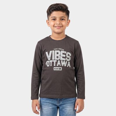 Boys Dark Grey Cotton Blend Crew Neck Regular Boys T-Shirt