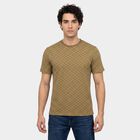 Men's Beige Cotton Round Neck Regular Geometric T-Shirt, गहरा पीला, small