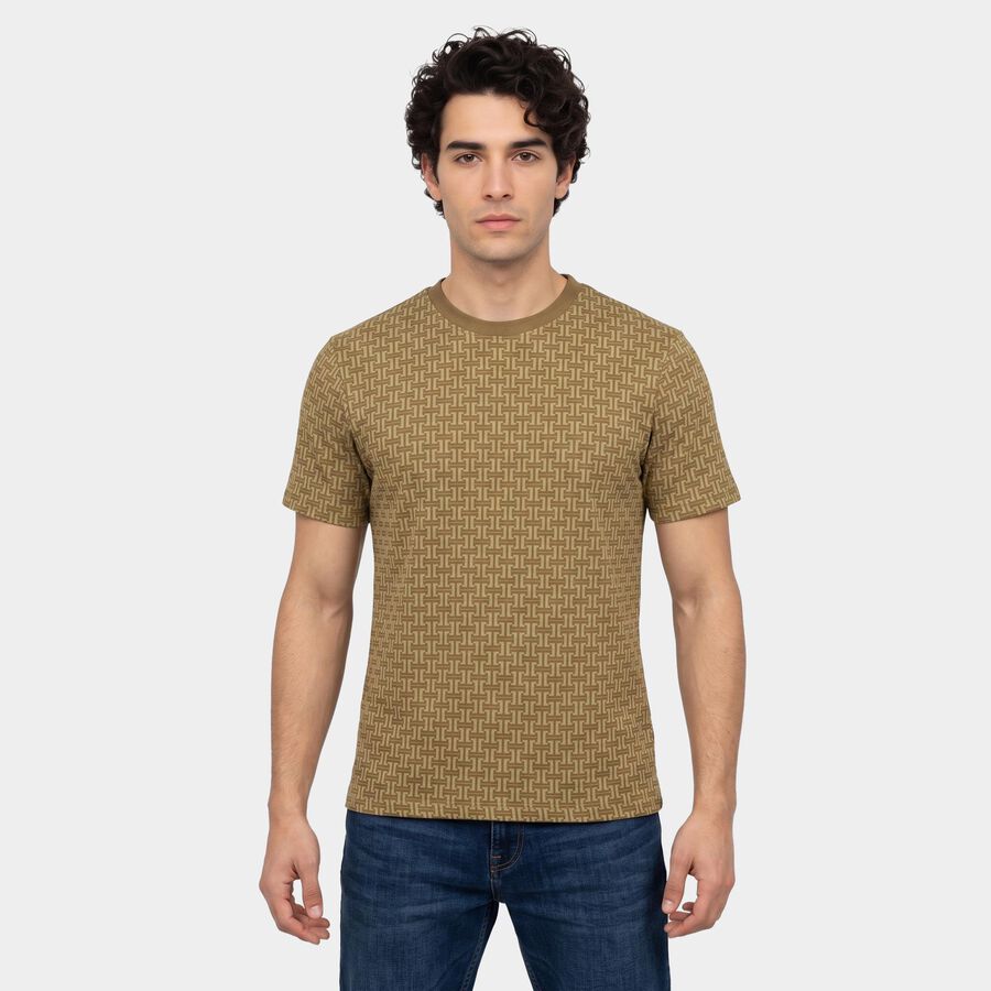 Men's Beige Cotton Round Neck Regular Geometric T-Shirt, गहरा पीला, large