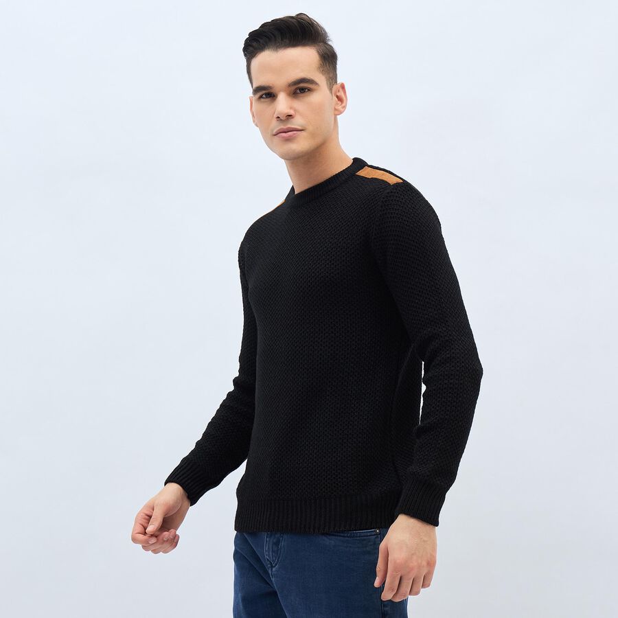Men's Jet Black Crew Neck Casual Pullover, Black, large image number null