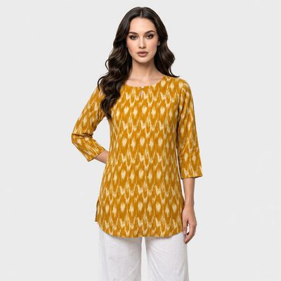 Women's Mustard Round Neck Ikat Printed Straight Kurti
