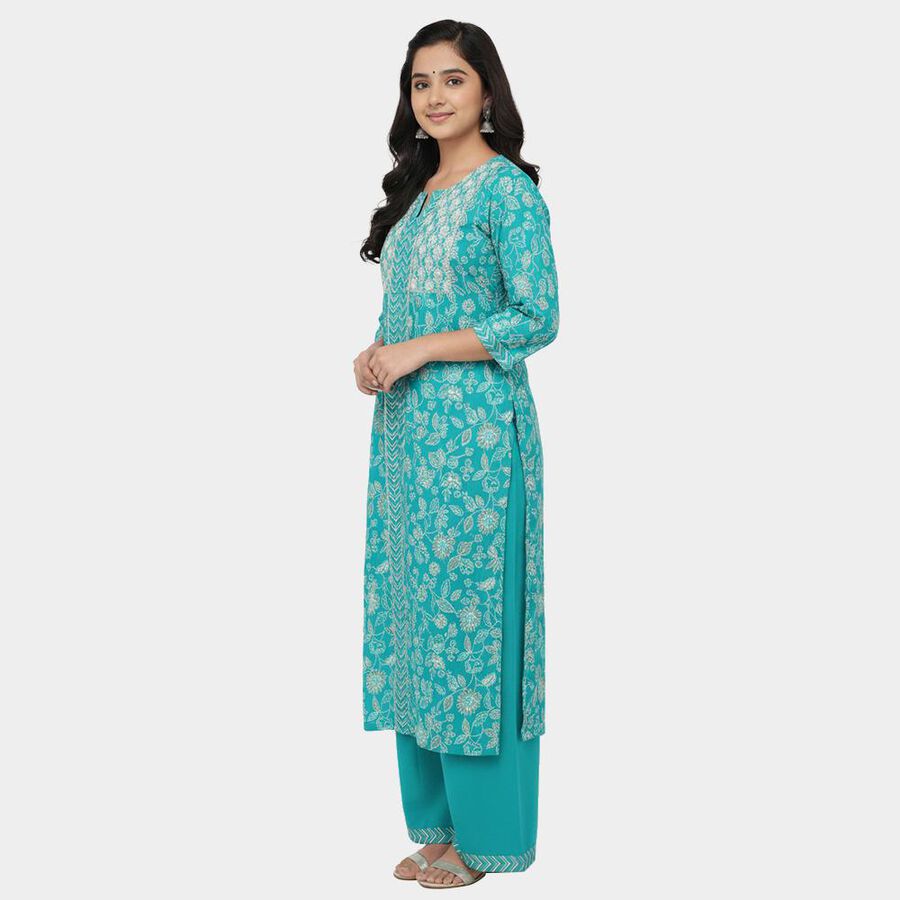 Girls Bright Teal Embroidered Kurta and Palazzo Fusion Set with Dupatta, Aqua, large image number null