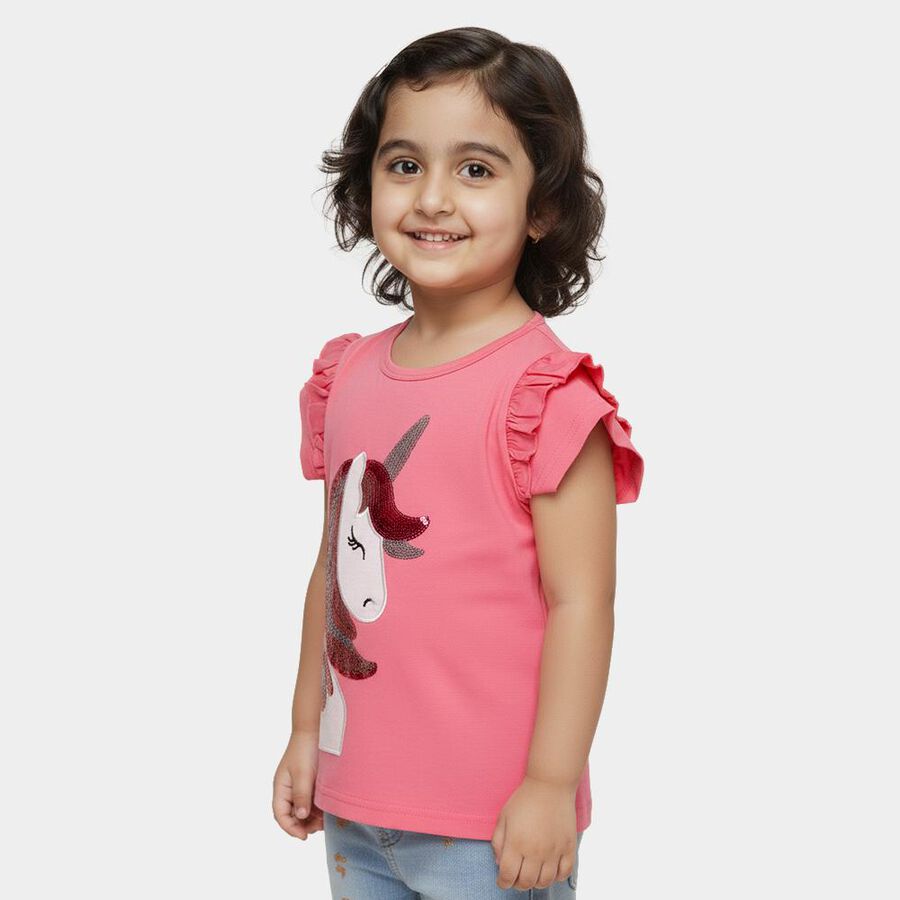 Girls Bright Pink Cotton Round Neck Casual T-Shirt, गुलाबी, large image number null