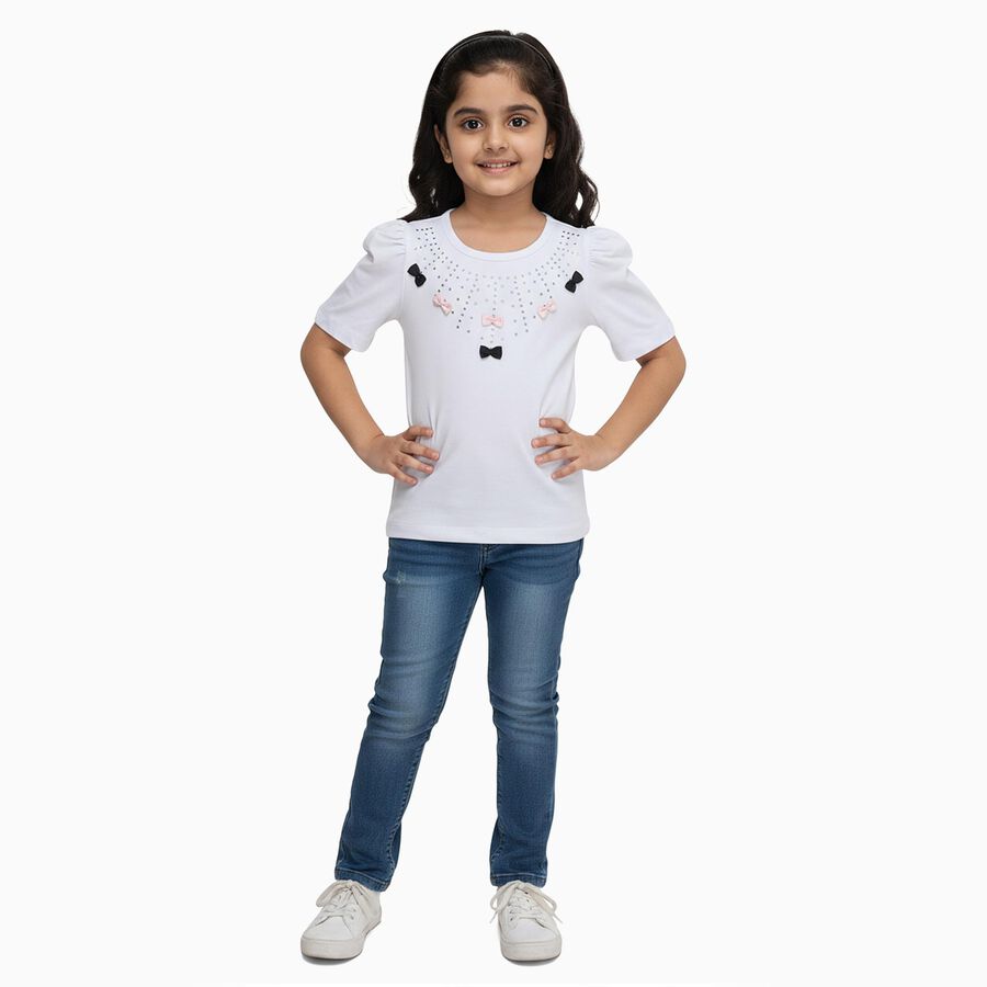 Girls Bright Snow White Cotton Round Neck Casual T-Shirt, White, large