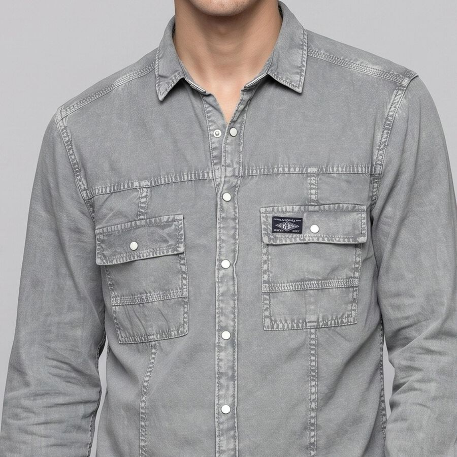 Men's Grey Cotton Spread Collar Casual Shirt, हल्का ग्रे, large