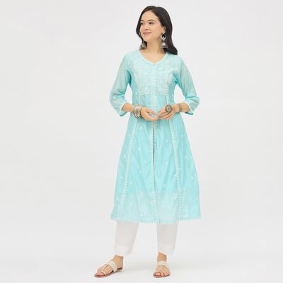 Women's Bright Aqua Blue V-Neck Embroidered Flared Kurta