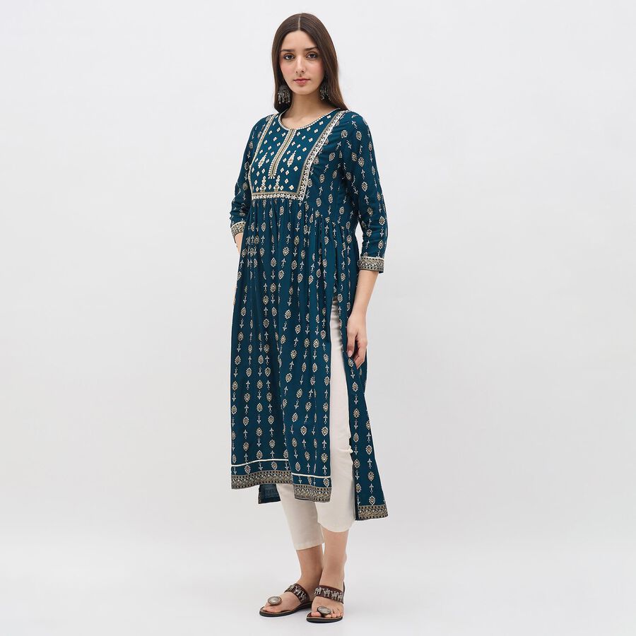Women's Deep Teal Blue Round Neck Embroidered Kurta, टील ब्लू, large image number null
