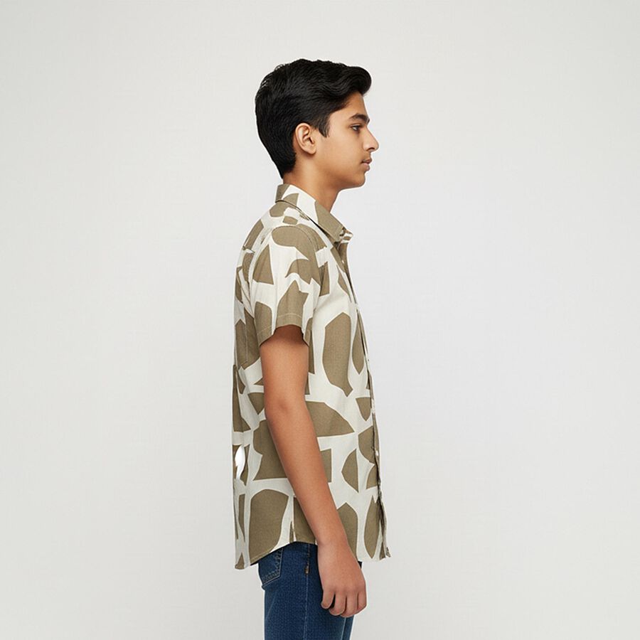 Boys Beige and White Cotton Half Sleeve Button Down Casual Shirt, Beige, large image number null