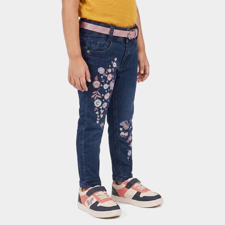 Girls' Navy Blue Slim Fit Embroidered Jeans, गहरा नीला, large