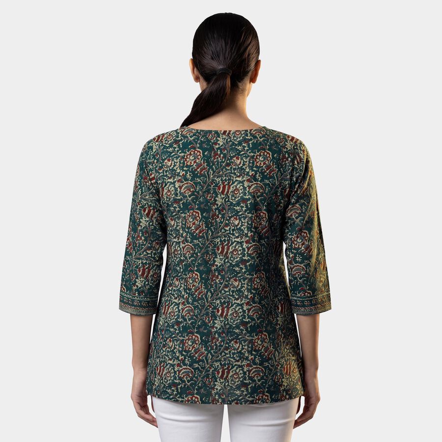 Women's Green Cotton Notch Neck Floral Printed Kurti, Dark Green, large
