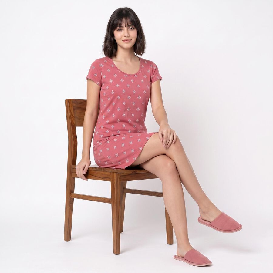 Women's Pink Round Neck T-Shirt Style Nighty, Pink, large