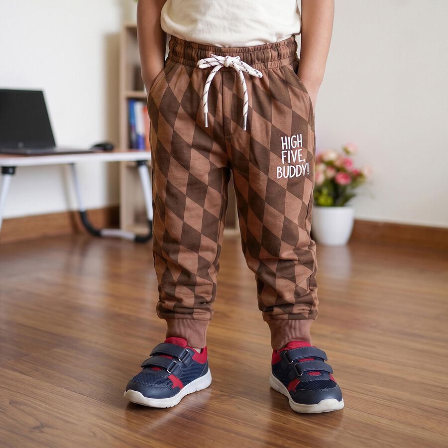 Boys Brown Jogger Fit Printed Pyjama, Brown, large
