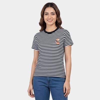Women's Black Round Neck Casual T-Shirt