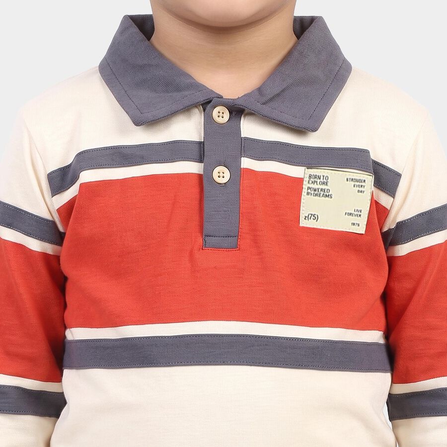 Boys' Off White Cotton Polo Neck Colorblocked Baba Suit, ऑफ व्हाइट, large
