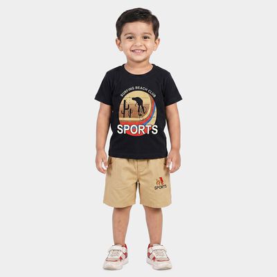 Boys Navy Blue Cotton Round Neck Graphic Print Baba Suit