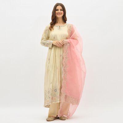 Women's Eggshell White Keyhole Neck Embroidered Kurta