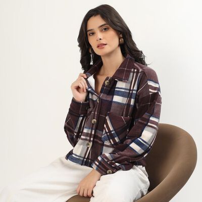 Women's Burgundy Plaid Casual Blazer