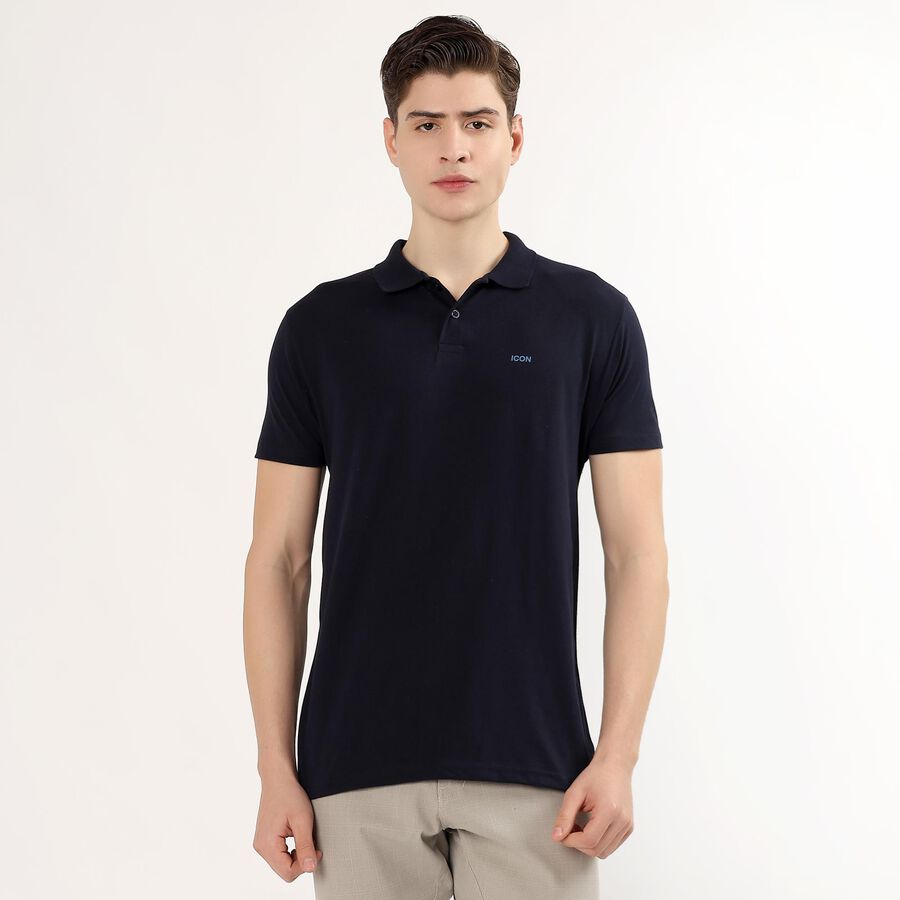 Men's Deep Midnight Navy Blue Polo Neck Casual T-Shirt, नेवी ब्लू, large