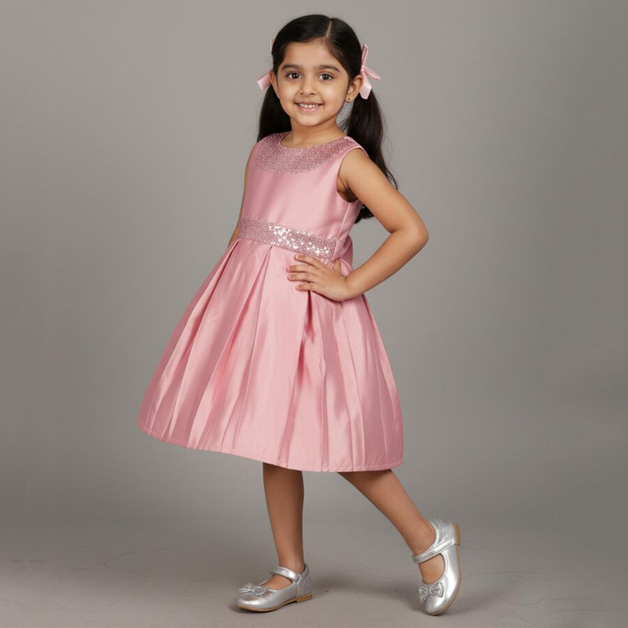 Girls' Soft Pink Sequin Sleeveless Party Wear Frock, हल्का गुलाबी, large image number null
