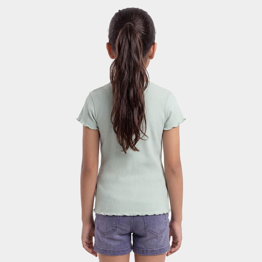 Girls' Green Round Neck Casual T-Shirt, Light Green, large