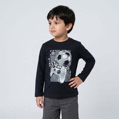 Boys Navy Blue Cotton Blend Crew Neck Regular T-Shirt
