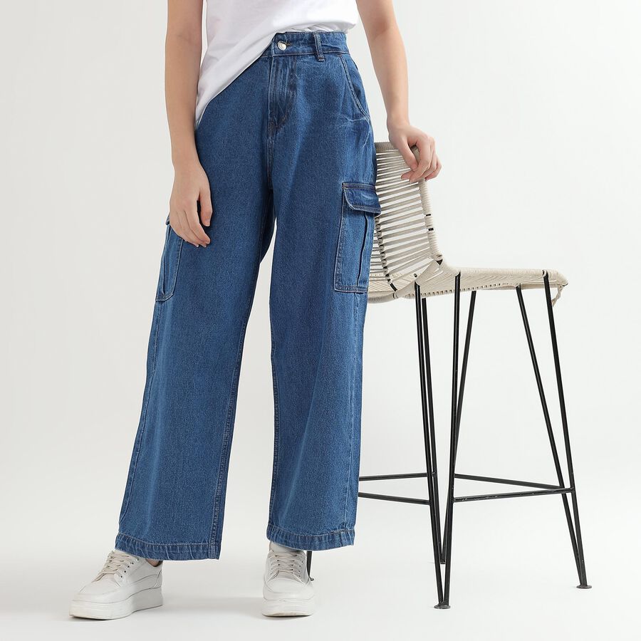 Ladies' 100% Cotton Denim Jeans, मध्यम नीला, large image number null