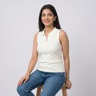 Women's Cream Polo Neck Polo T-Shirt, Off White, small