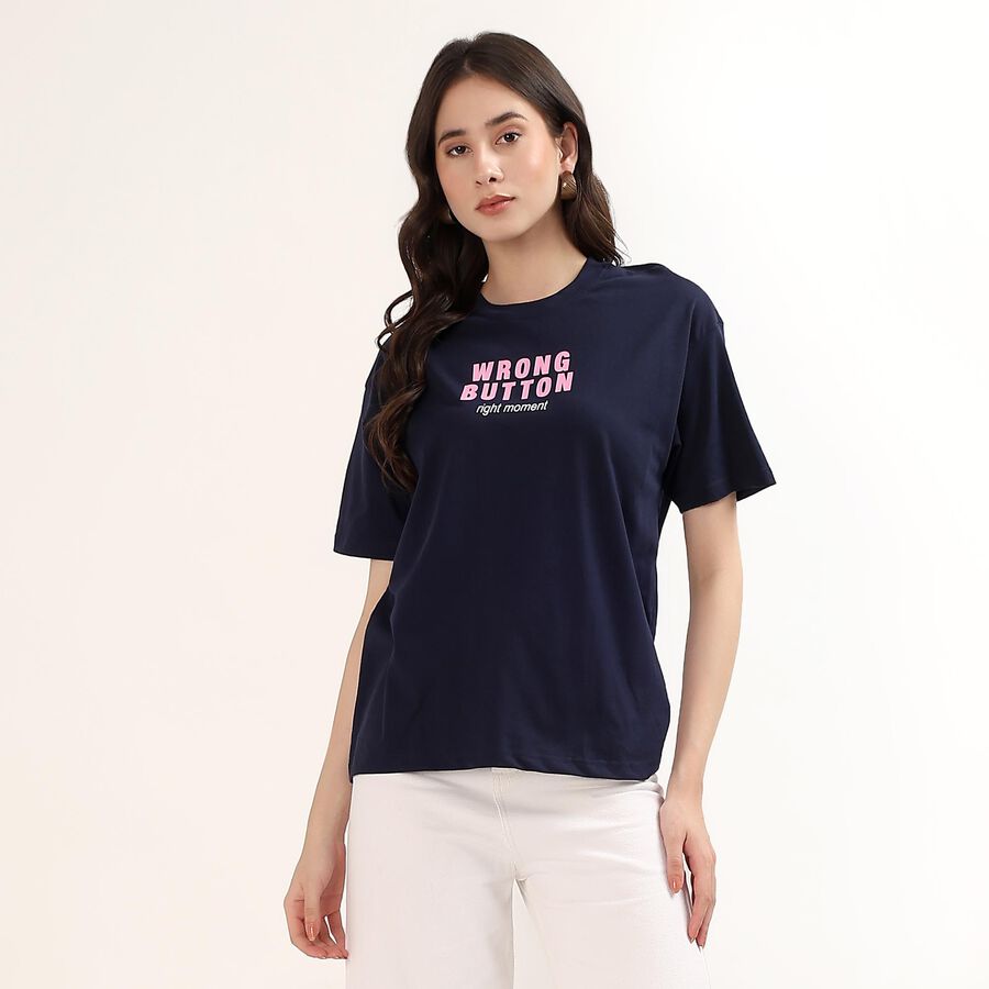 Women's Navy Blue Cotton Round Neck Casual T-Shirt, नेवी ब्लू, large