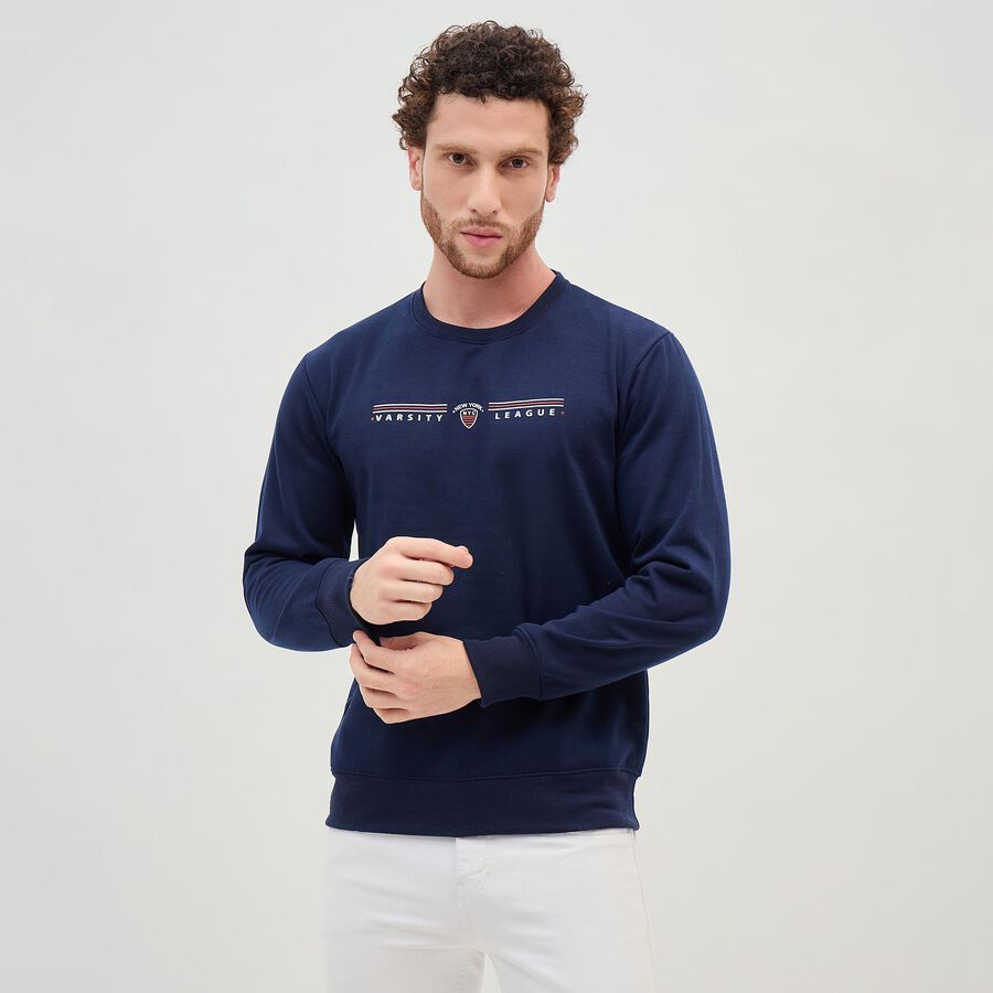 Men's Deep Midnight Navy Blue Crew Neck Casual Sweatshirt, Navy Blue, large image number null
