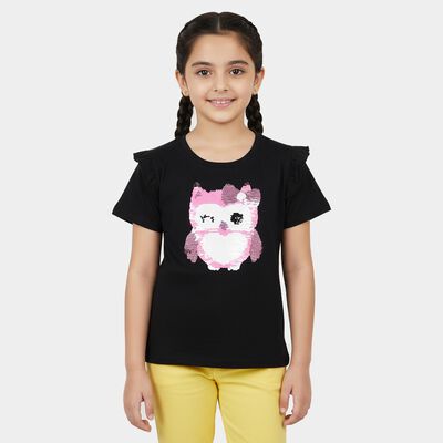 Girls Black Cotton Round Neck Casual T-Shirt