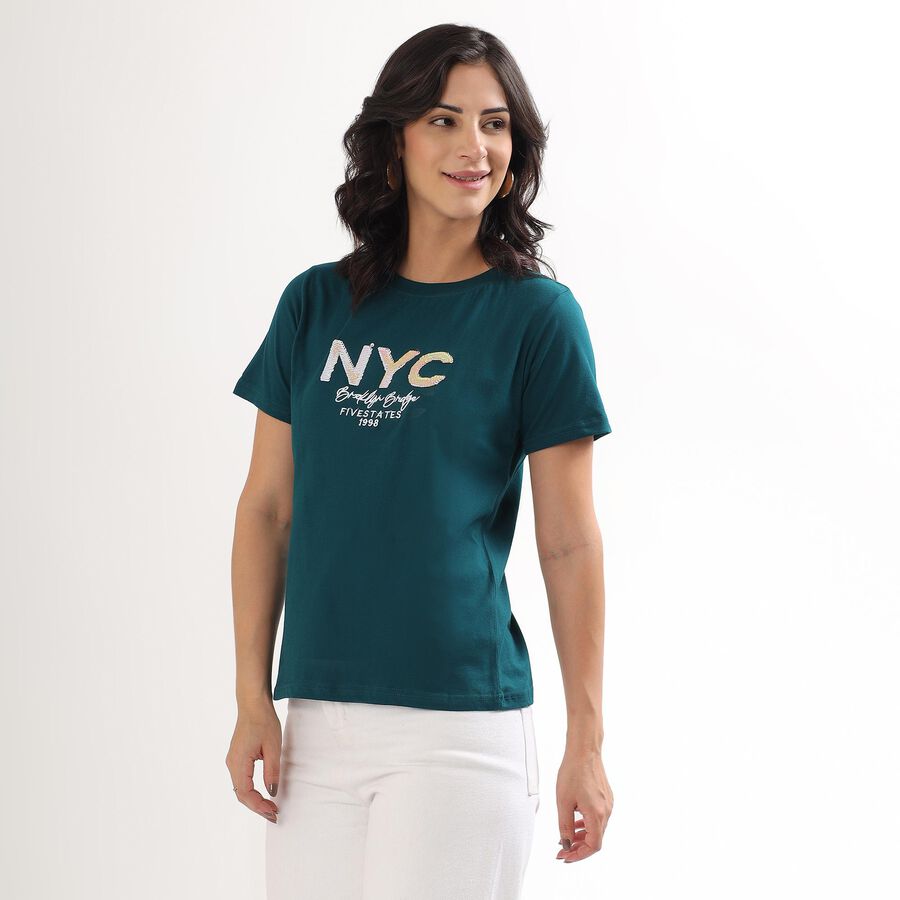Women's Teal Cotton Round Neck Casual T-Shirt, Dark Green, large image number null