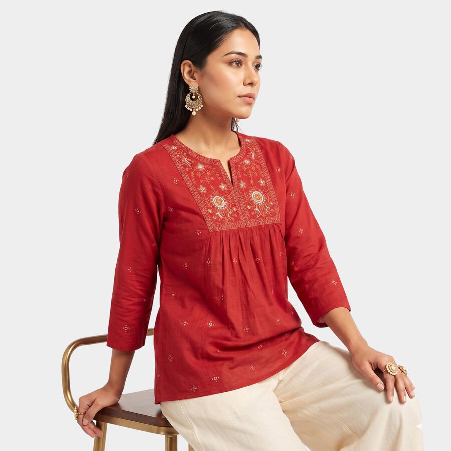Women's Rust Notch Neck EmbroideRust A-Line Kurti, रस्ट, large