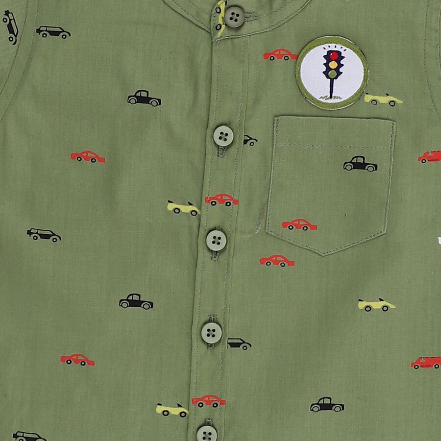 Boys Olive Green Cotton Half Sleeve Mandarin Collar Shirt, Olive, large image number null
