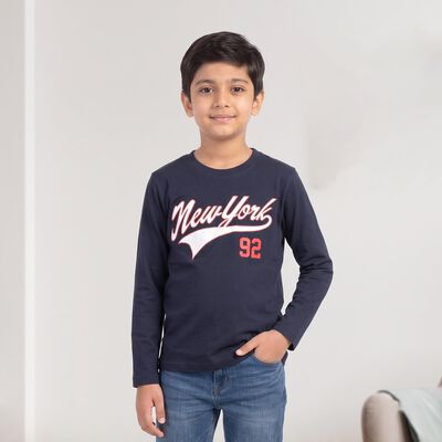 Boys Navy Blue Crew Neck Regular T-Shirt