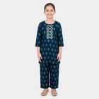 Girls Navy Blue Round Neck Fusion Set Upper and Bottom Set, नेवी ब्लू, small