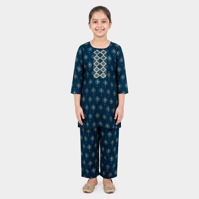 Girls Navy Blue Round Neck Fusion Set Upper and Bottom Set