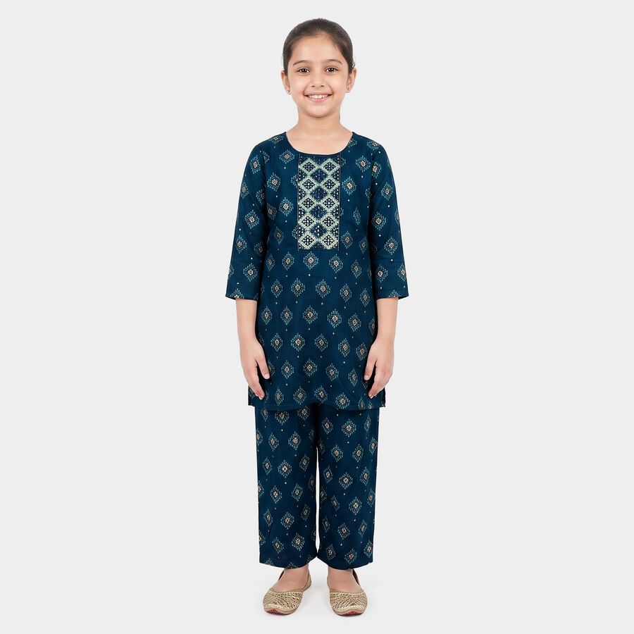 Girls Navy Blue Round Neck Fusion Set Upper and Bottom Set, नेवी ब्लू, large