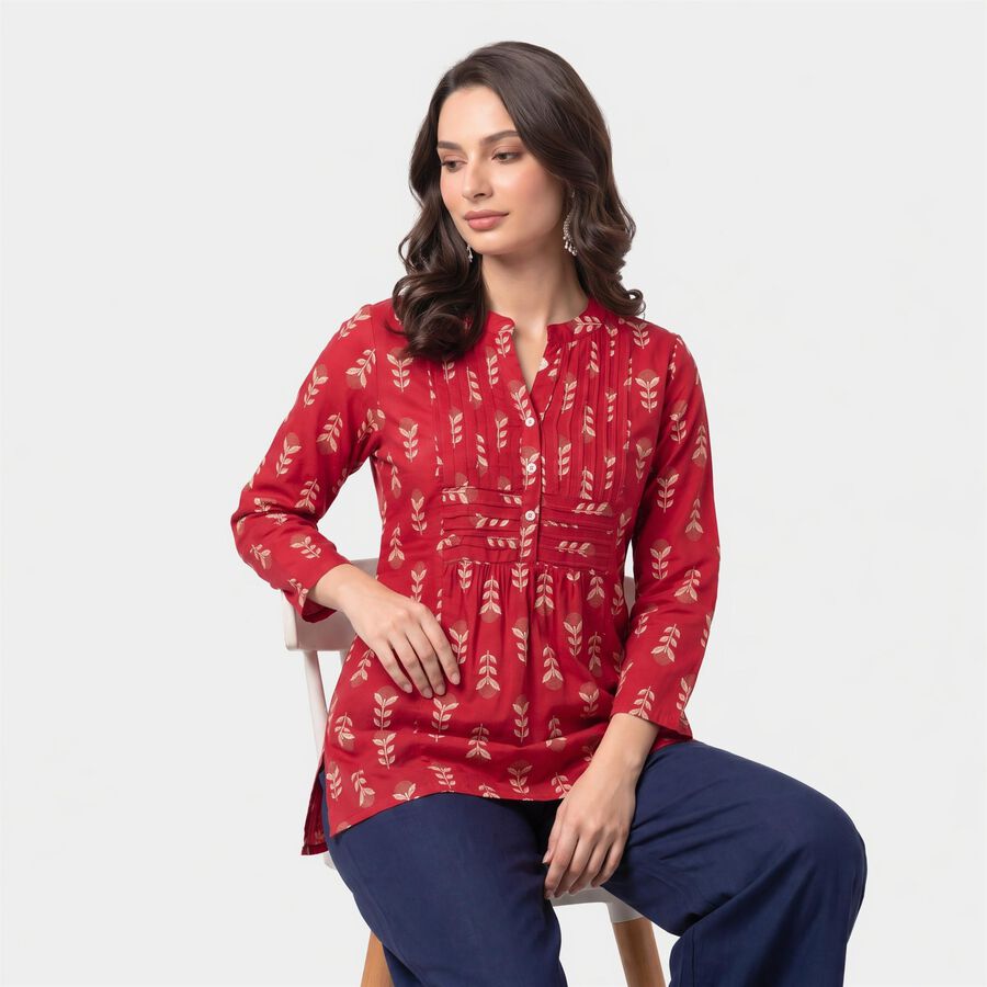 Women's Fuchsia Band Collar Floral Printed A-Line Kurti, रानी (फ्यूशिया), large