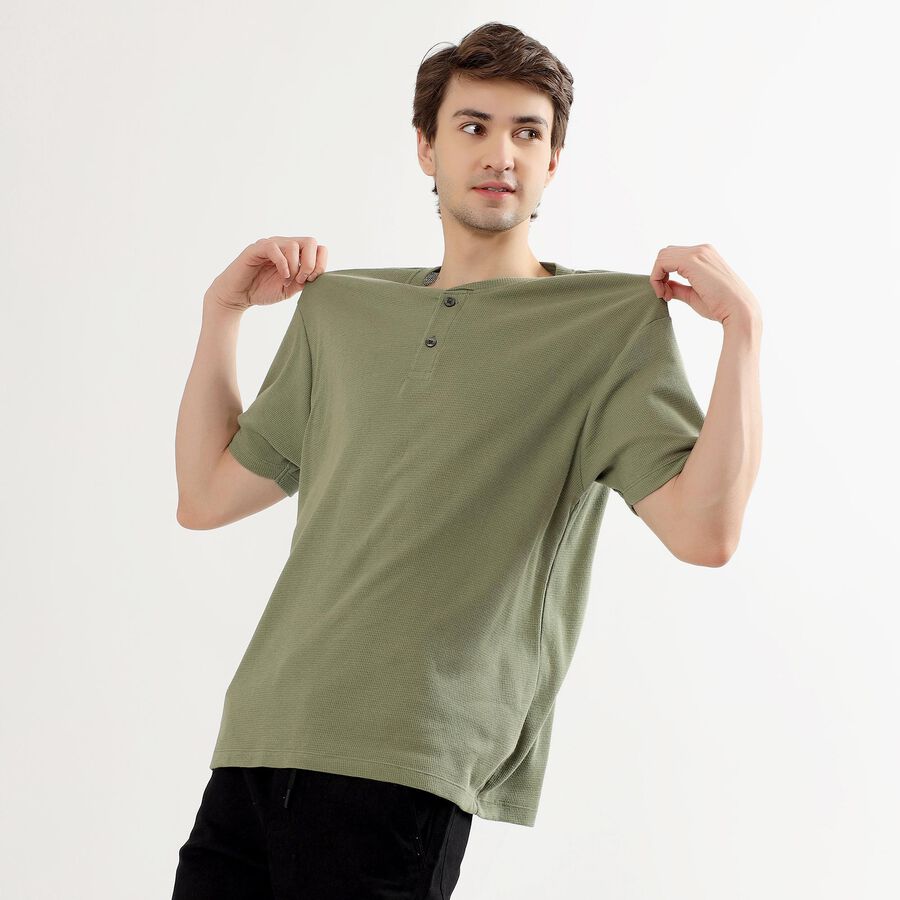 Men's Muted Olive Green Cotton Henley Neck Casual T-Shirt, Olive, large image number null