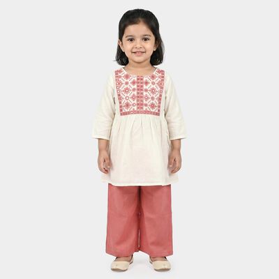 Girls Off White Round Neck Fusion Set Upper and Bottom Set