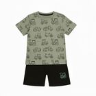 Boys' Olive Cotton Round Neck Vehicle Print Baba Suit, Olive, small image number null