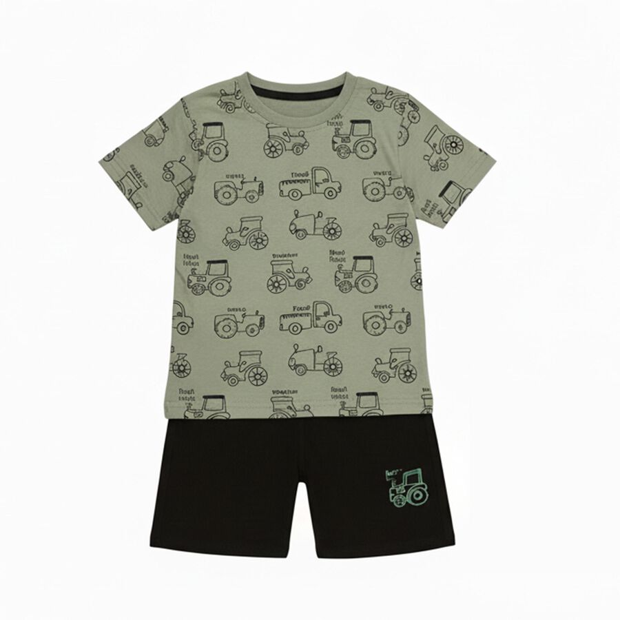 Boys' Olive Cotton Round Neck Vehicle Print Baba Suit, Olive, large image number null
