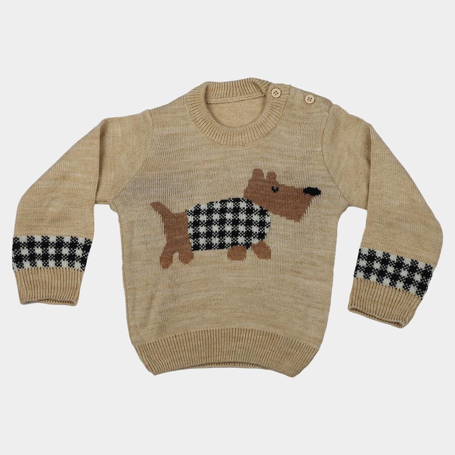 Infants Beige Crew Neck Printed Pullover, गहरा पीला, large