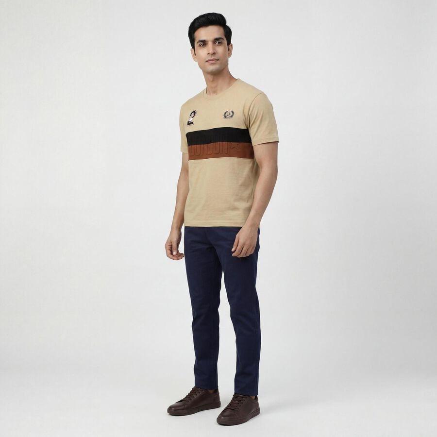 Men's Brown Round Neck Casual T-Shirt, भूरा, large