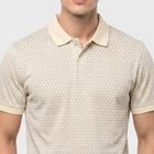 Men's Ecru Melange Cotton Polo Neck Geometric Polo T-Shirt, एक्रू मिश्रित, small
