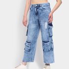 Ladies' 100% Cotton Jeans, मध्यम नीला, small